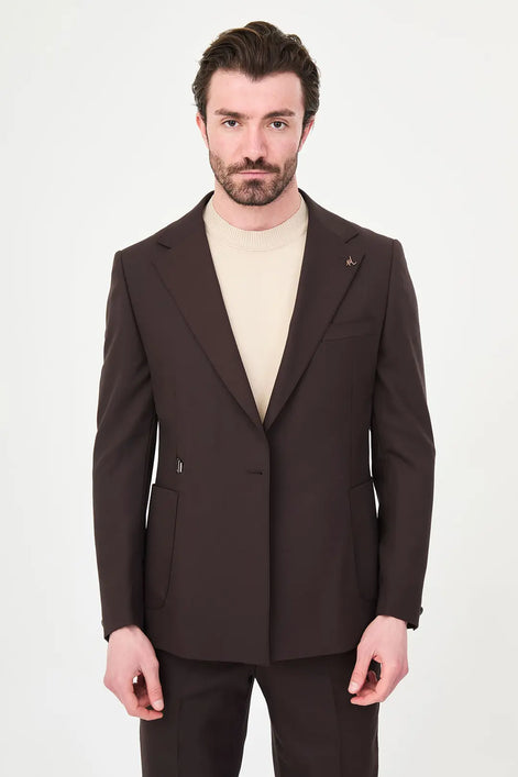 Dark Brown Belted Single-Breasted Blazer Suit