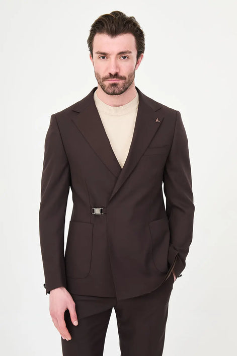 Dark Brown Belted Single-Breasted Blazer Suit
