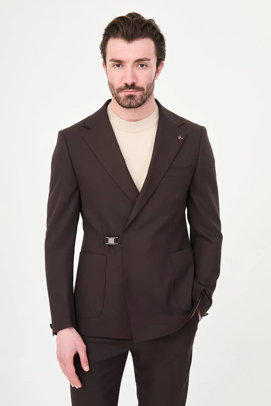 Dark Brown Belted Single-Breasted Blazer Suit