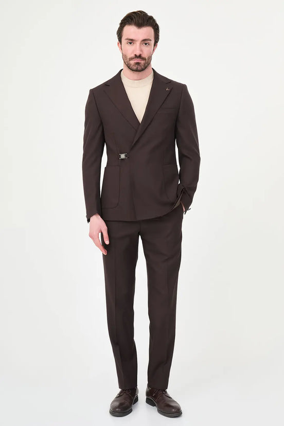 Dark Brown Belted Single-Breasted Blazer Suit