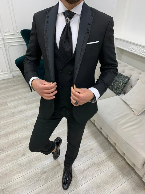 Destin Slim Fit Glitter Peak Lapel Black Wedding Suit