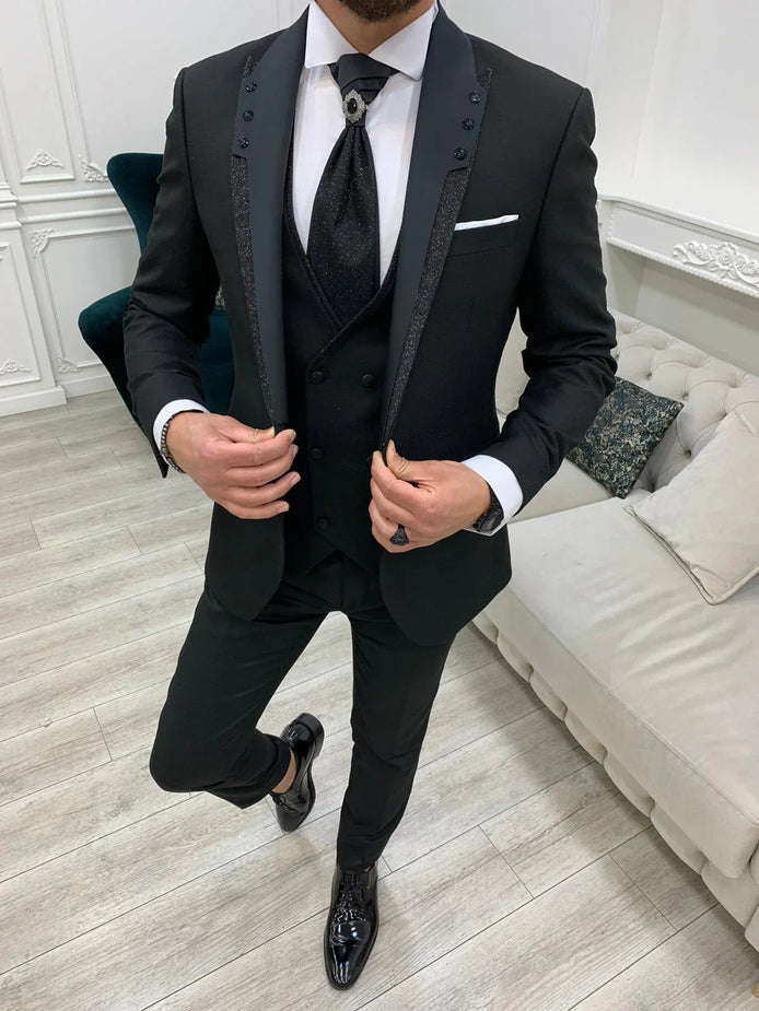 Destin Slim Fit Glitter Peak Lapel Black Wedding Suit