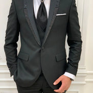 Destin Slim Fit Glitter Peak Lapel Black Wedding Suit