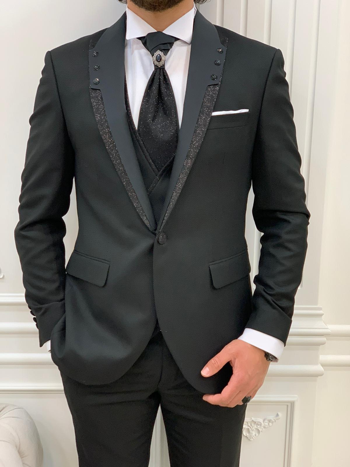 Destin Slim Fit Glitter Peak Lapel Black Wedding Suit