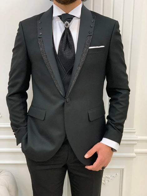 Destin Slim Fit Glitter Peak Lapel Black Wedding Suit