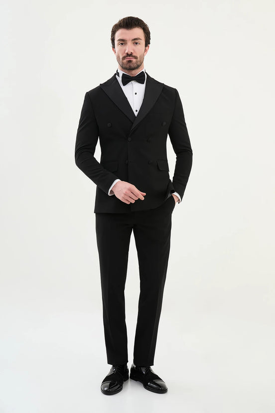 Black Slim fit Double Breasted Peak Lapel Tuxedo - Grooms Wear