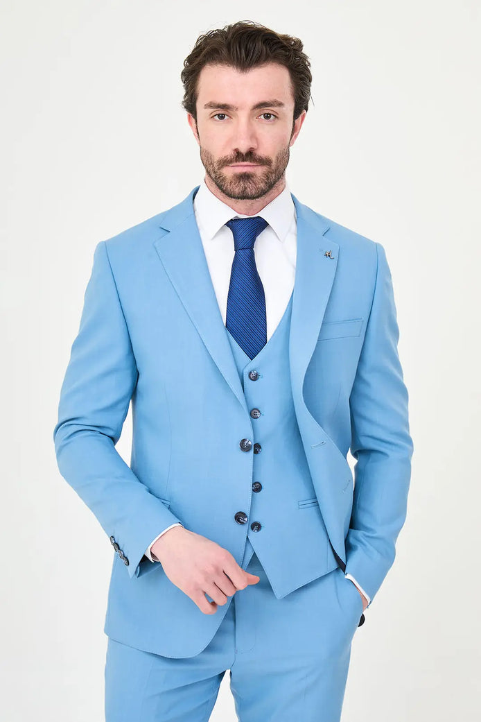 Baby Blue Three-Piece Slim Fit Suit