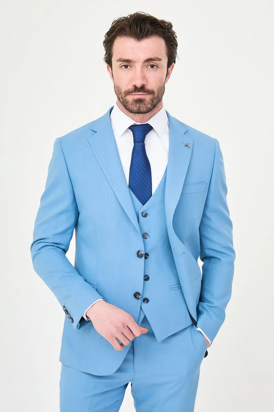 Baby Blue Three-Piece Slim Fit Suit