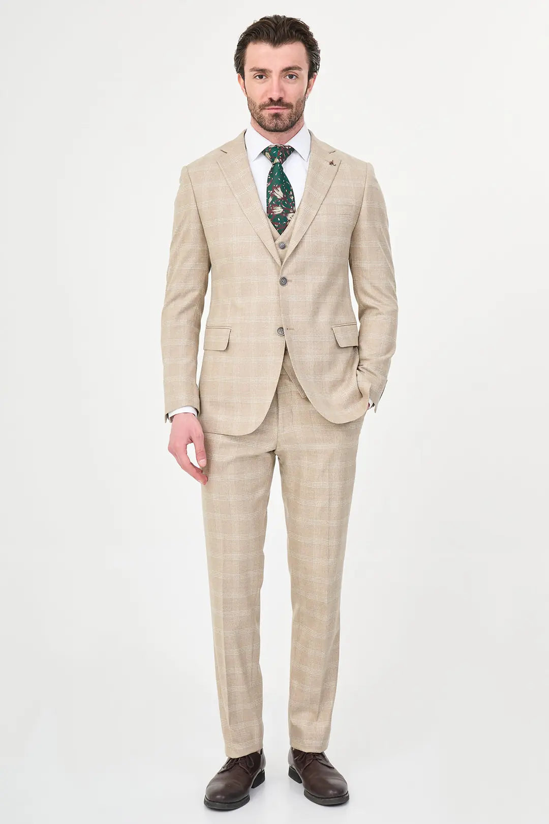 Beige Slim Fit Check Suit