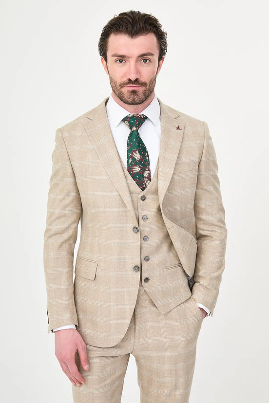 Beige Slim Fit Check Suit