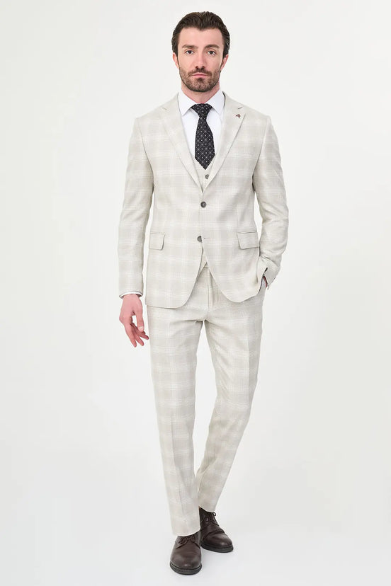 Beige Slim Fit Plaid Suit