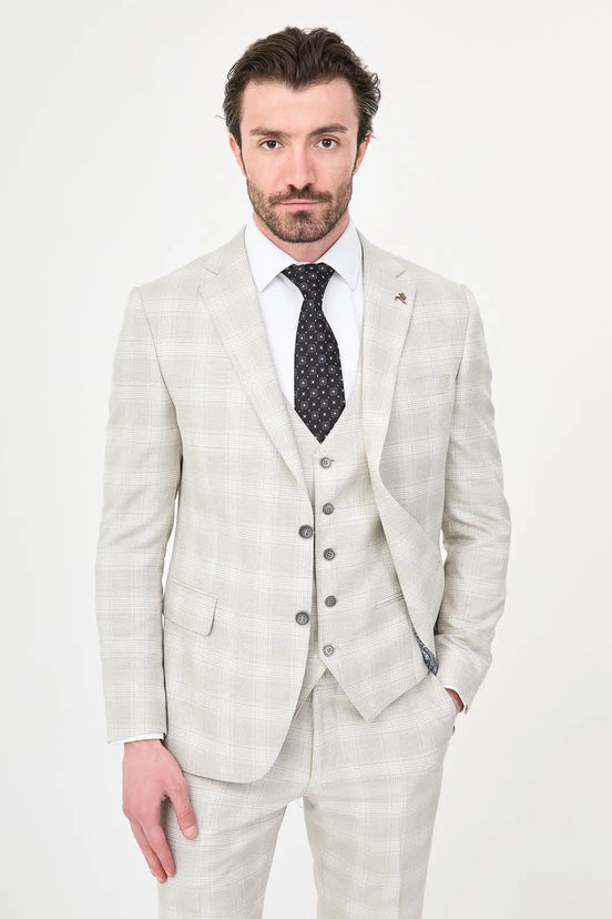 Beige Slim Fit Plaid Suit