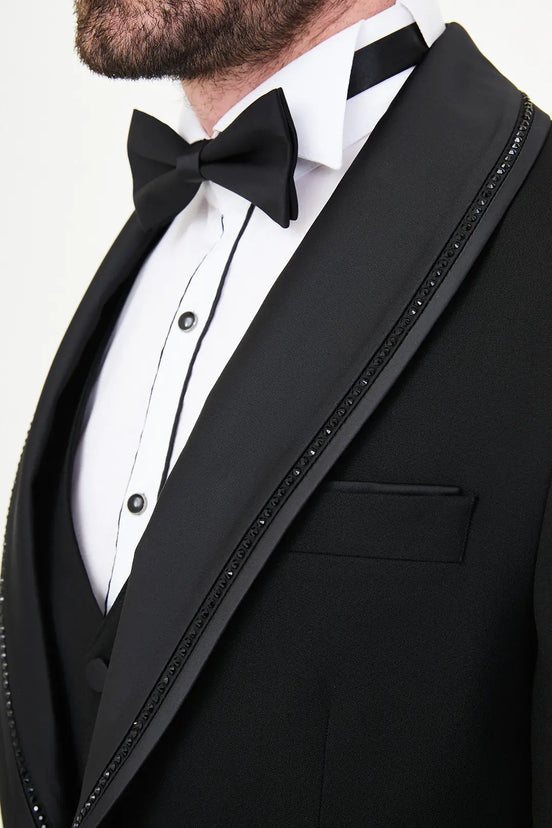 Black Detachable Beaded Lapel Tuxedo
