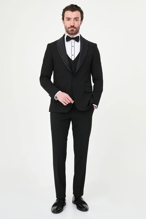Black Detachable Beaded Lapel Tuxedo
