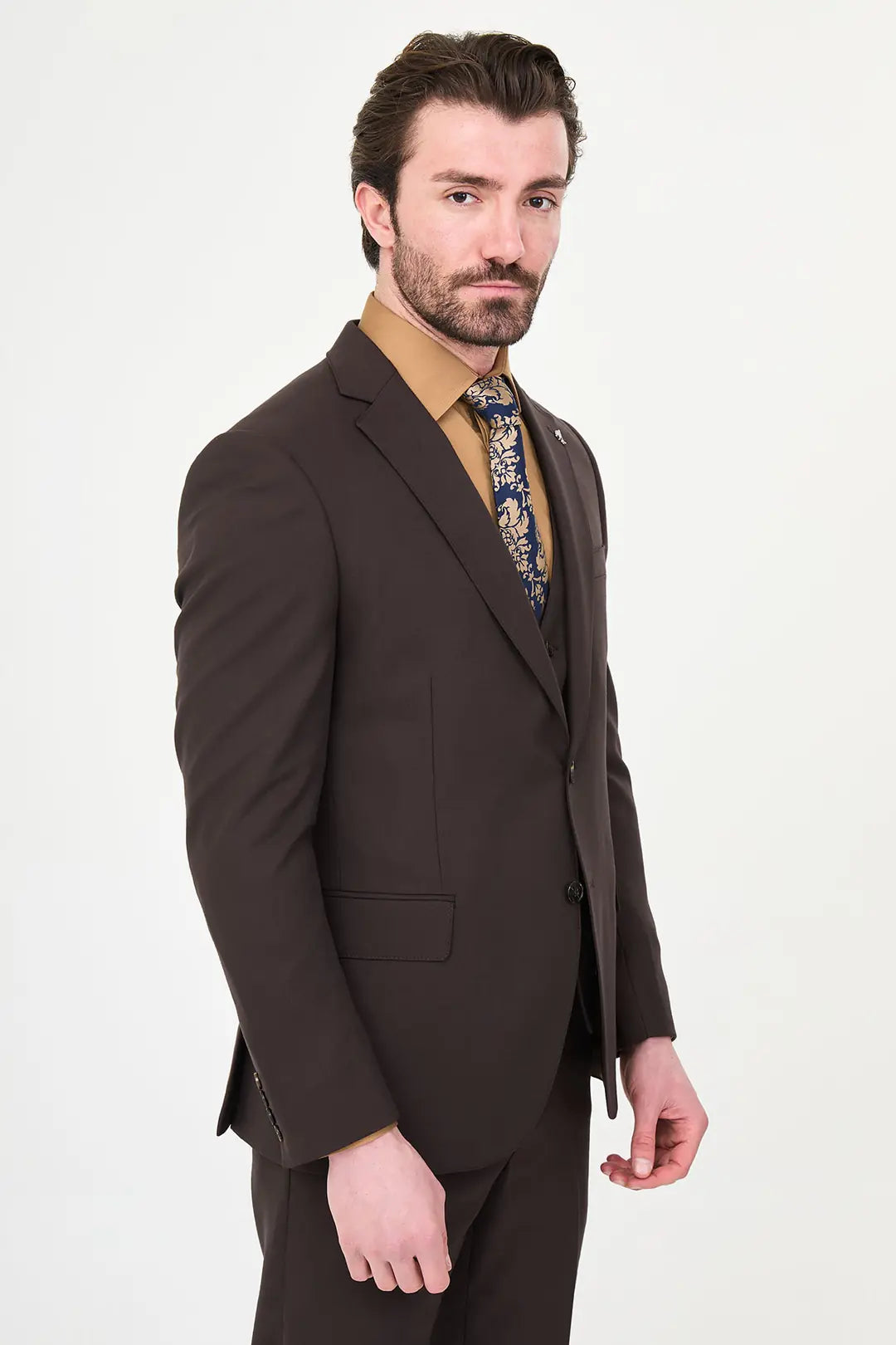 Dark Brown Three-Piece Slim Fit Suit