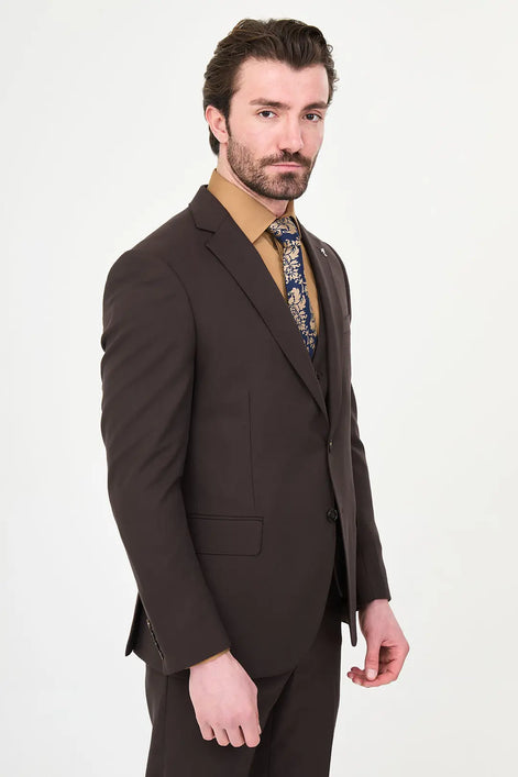 Dark Brown Three-Piece Slim Fit Suit