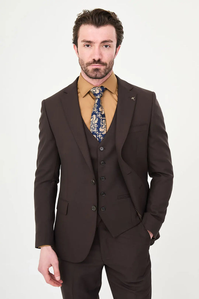 Dark Brown Three-Piece Slim Fit Suit