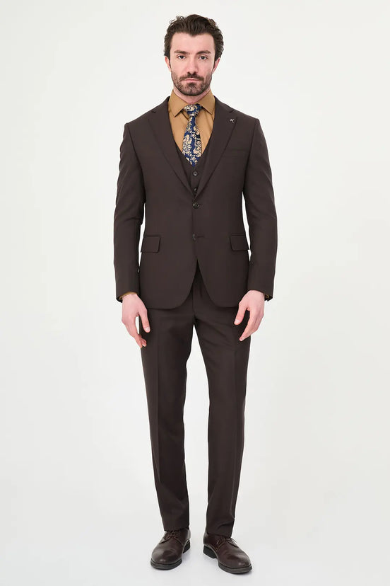 Dark Brown Three-Piece Slim Fit Suit