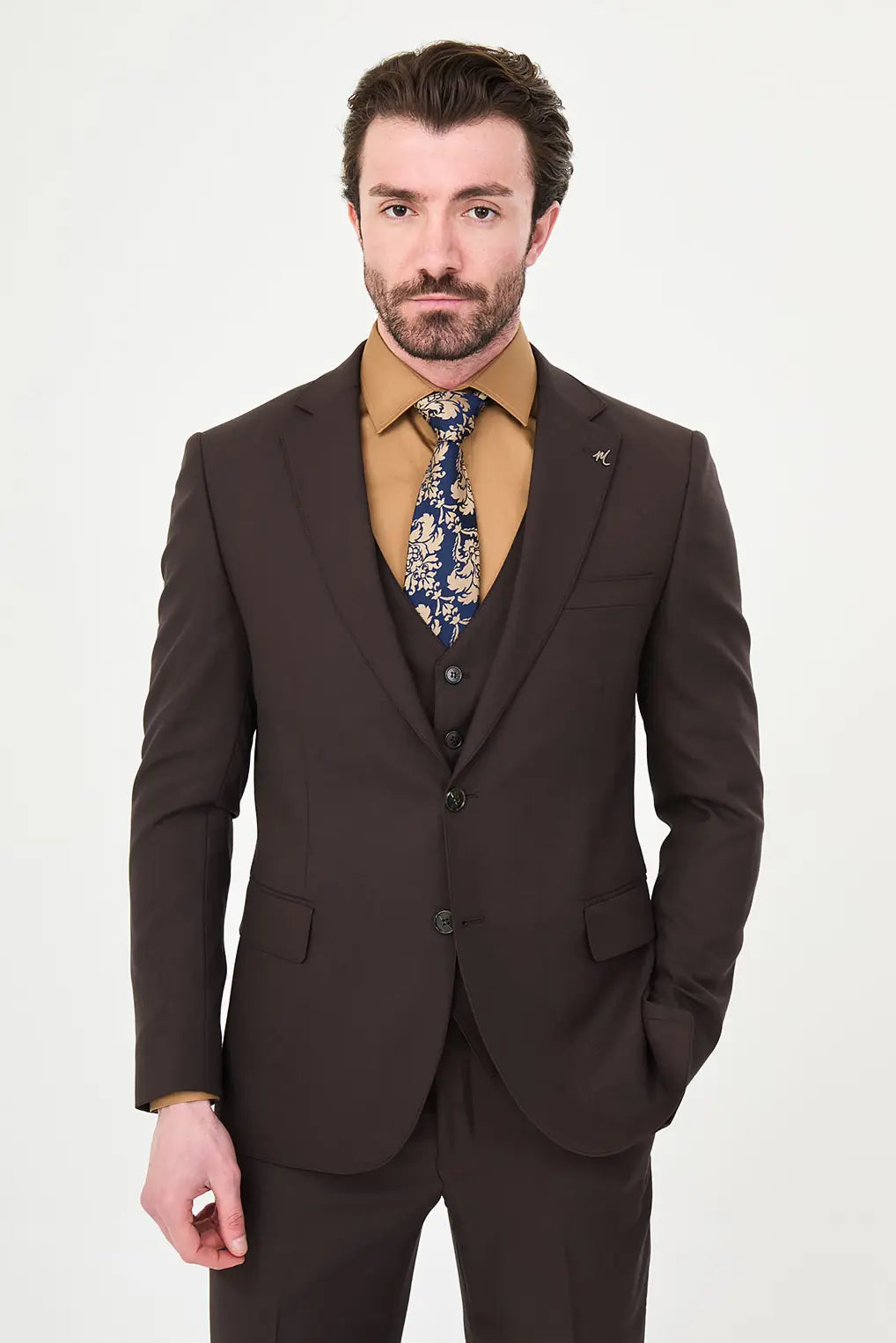 Dark Brown Three-Piece Slim Fit Suit