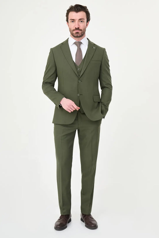 Olive Three-Piece Slim Fit Suit