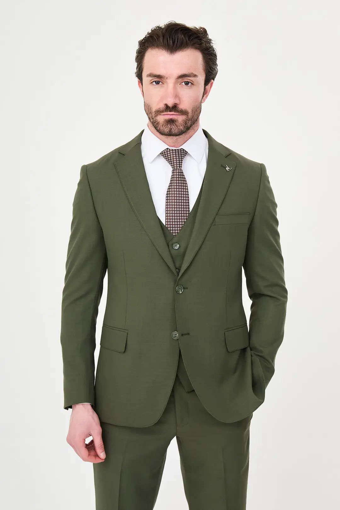 Olive Green Three-Piece Slim Fit Suit