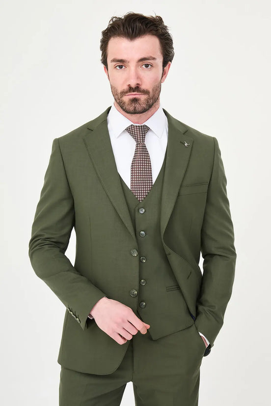 Olive Green Three-Piece Slim Fit Suit