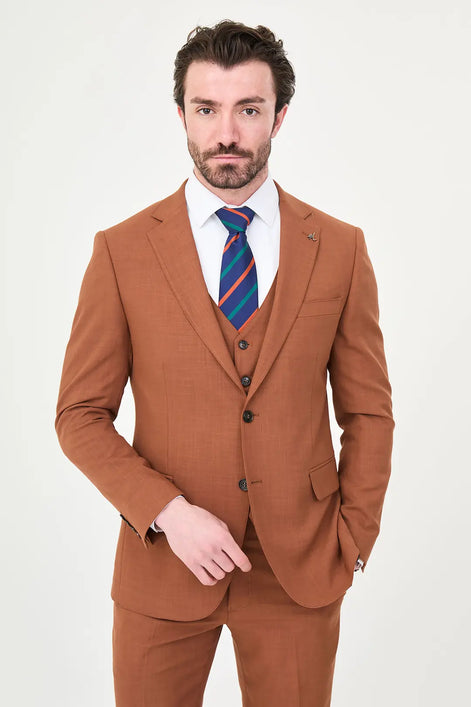 Rust Three Piece Slim Fit Linen Suit