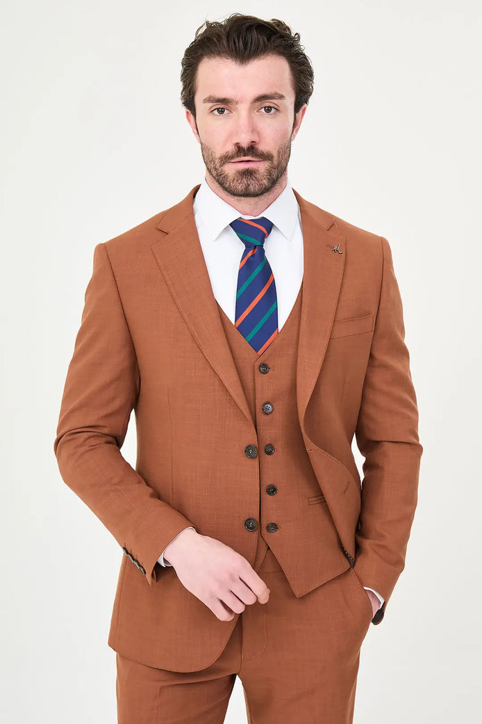 Rust Three Piece Slim Fit Linen Suit
