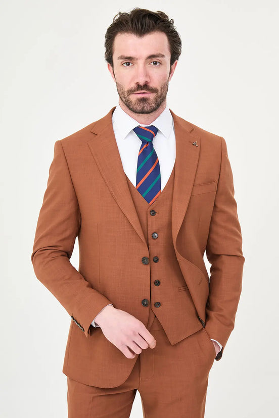 Rust Three Piece Slim Fit Linen Suit