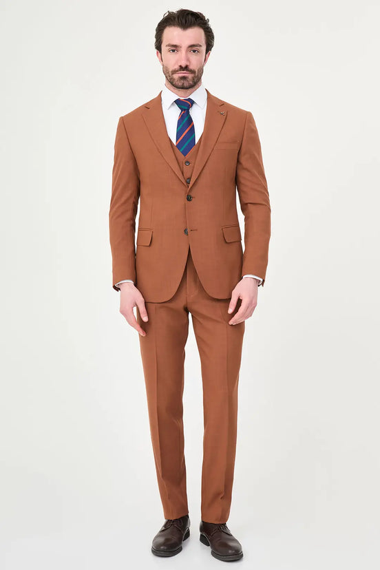 Rust Three Piece Slim Fit Linen Suit