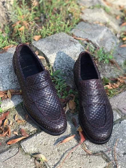 Brown Woven Leather Penny Loafers