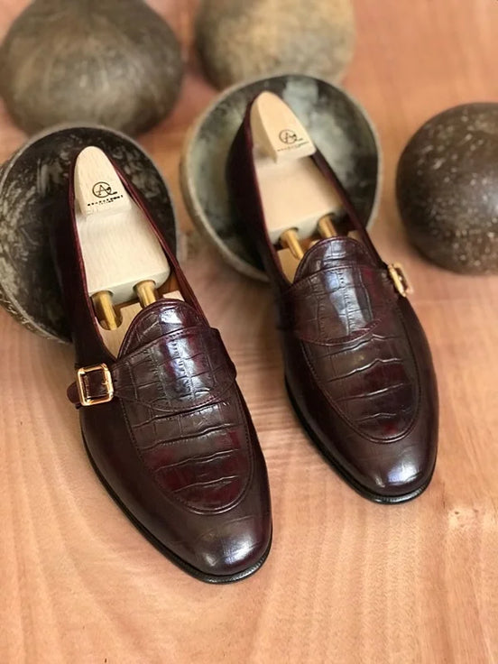 Crocodile Brown Buckle Loafers
