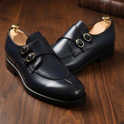 Navy Blue Double Monk Strap Leather Shoes