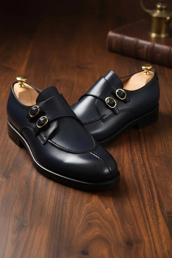 Navy Blue Double Monk Strap Leather Shoes