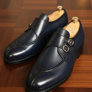 Navy Blue Double Monk Strap Leather Shoes