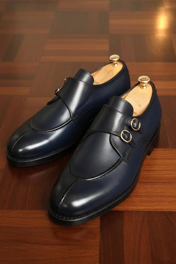 Navy Blue Double Monk Strap Leather Shoes