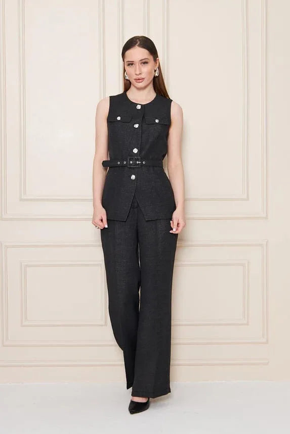 Embossed Linen Women Black Suit