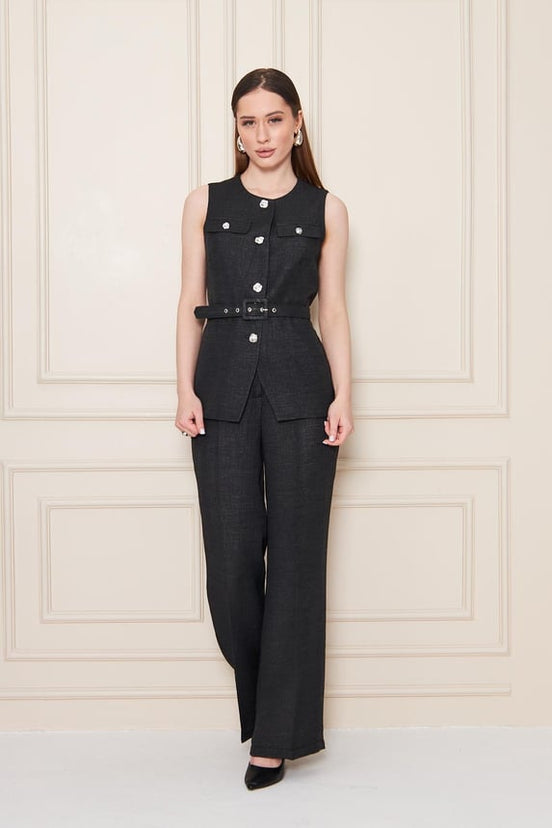 Embossed Linen Women Black Suit