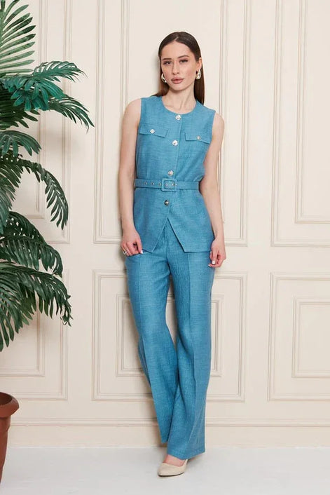 Embossed Linen Women Blue Suit