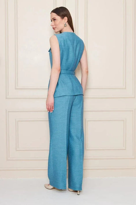 Embossed Linen Women Blue Suit