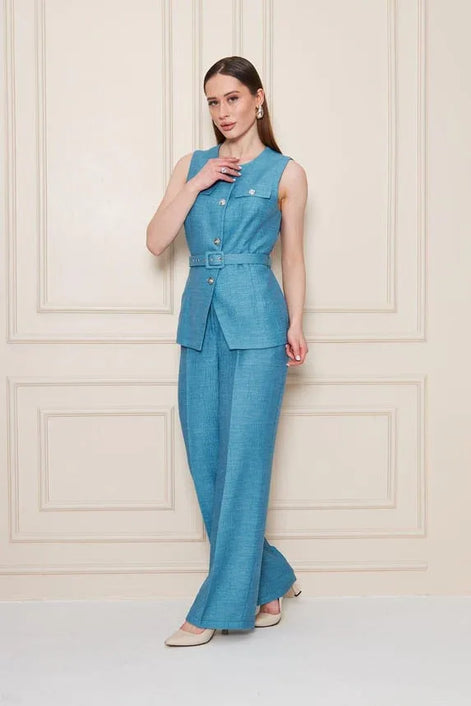 Embossed Linen Women Blue Suit