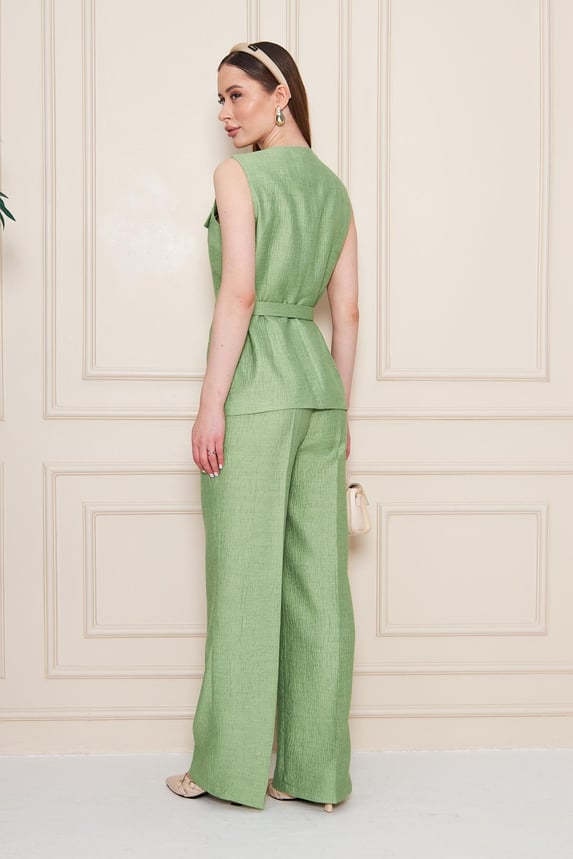 Embossed Linen Women Green Suit