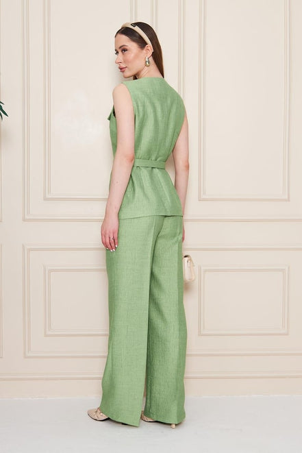 Embossed Linen Women Green Suit
