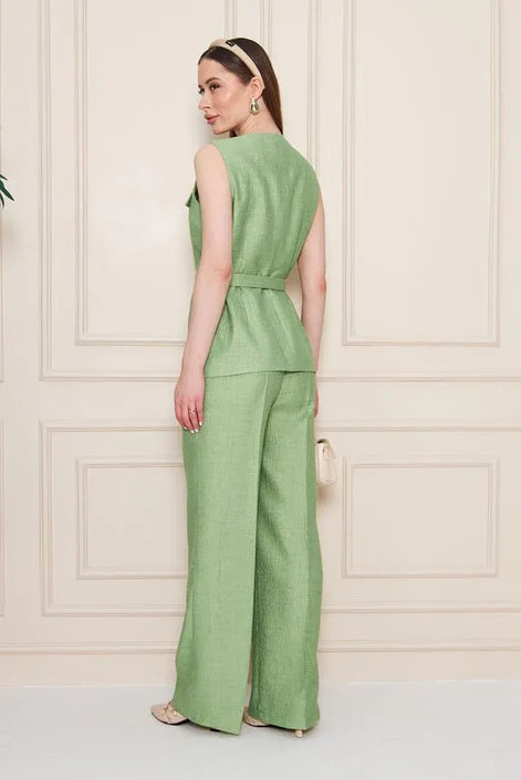 Embossed Linen Women Green Suit