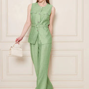 Embossed Linen Women Green Suit
