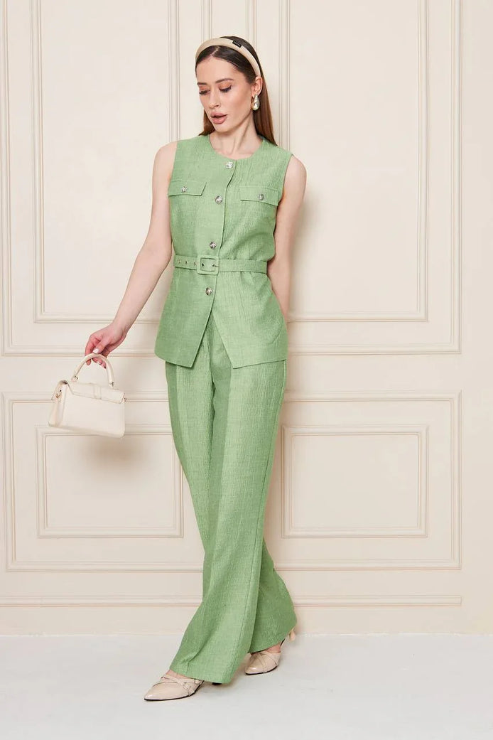 Embossed Linen Women Green Suit