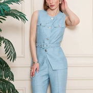 Embossed Linen Women Light Blue Suit