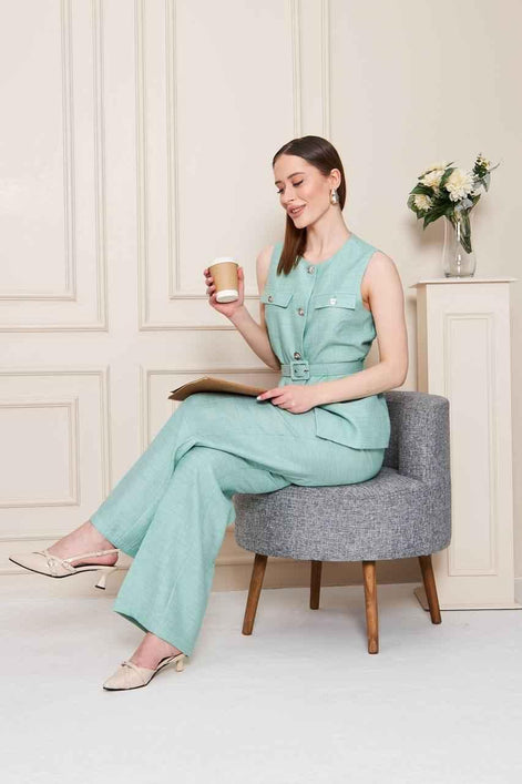 Embossed Linen Women Sage Green Suit