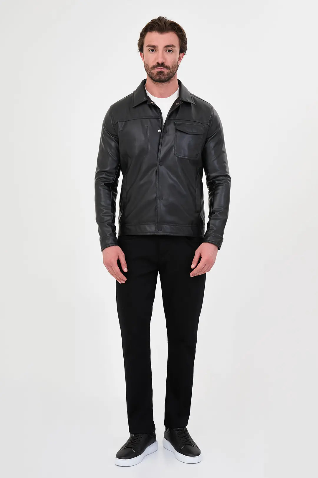 Faux Leather Trucker Jacket Black