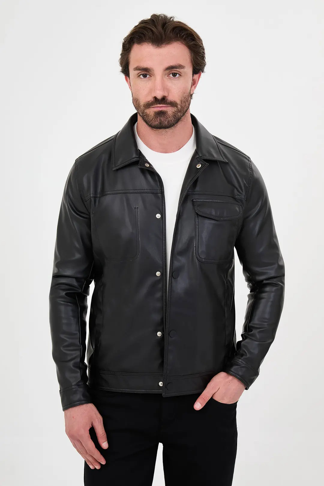 Black Faux Leather Trucker Jacket